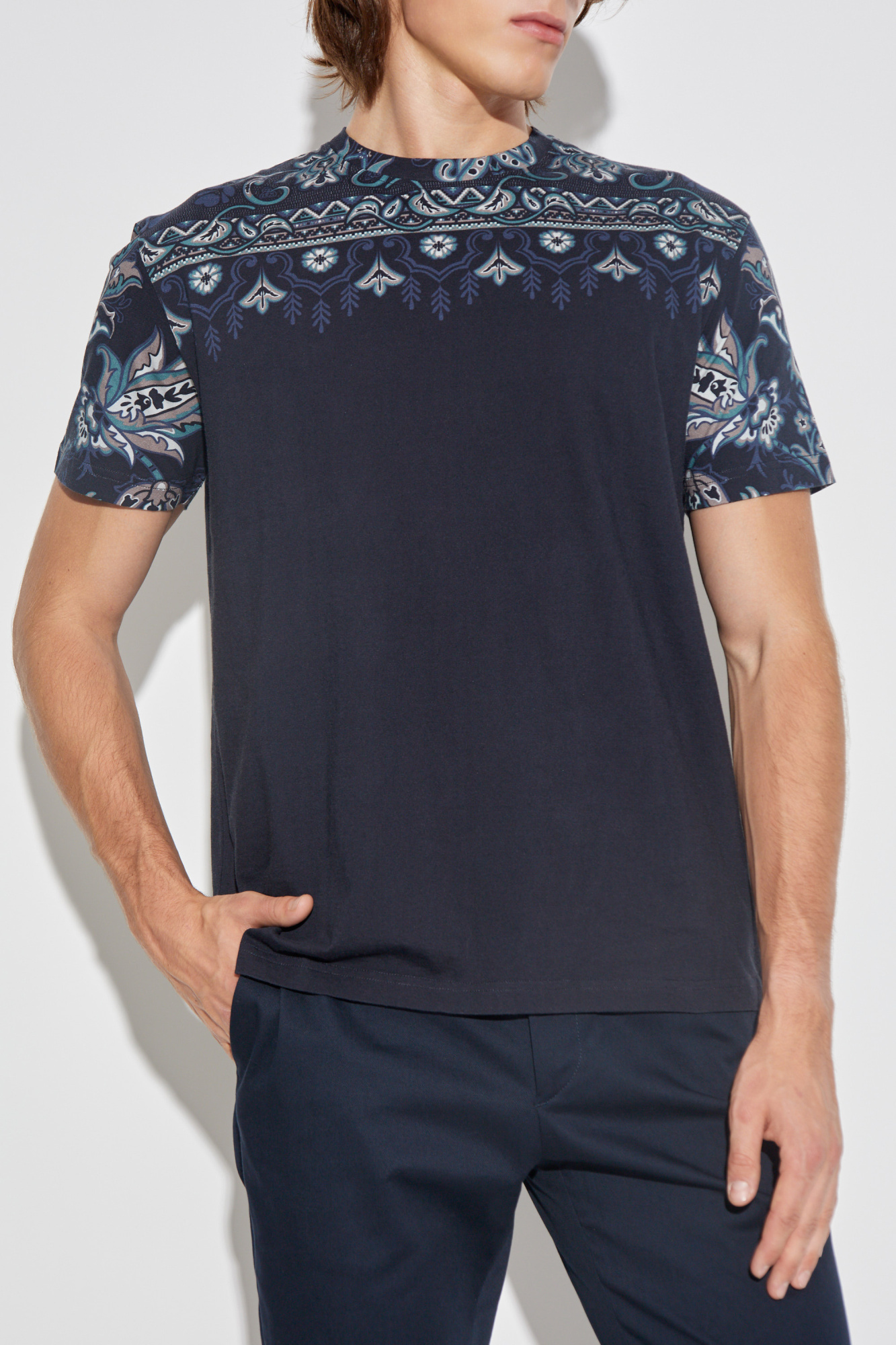 Tシャツ・カットソー ETRO SS25 (MRMD0006 AJ264W0800) Etro men's crew-neck cotton T-shirt with floral pattern
